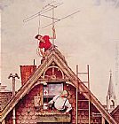 Norman Rockwell Canvas Paintings - New Television Antenna